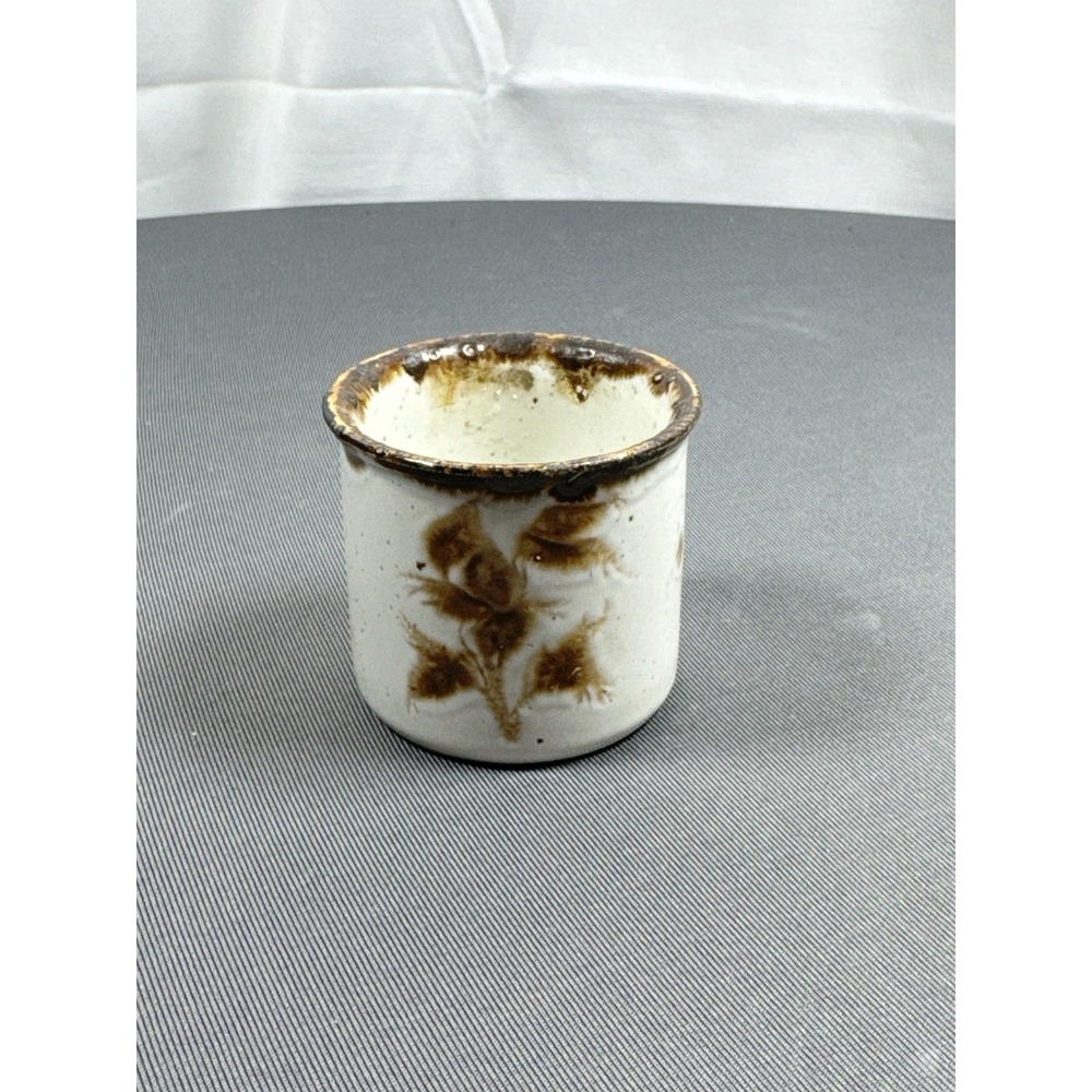 Vintage England Studio Pottery Toothpick Holder Brown Floral Cream Glaze 2 Inch